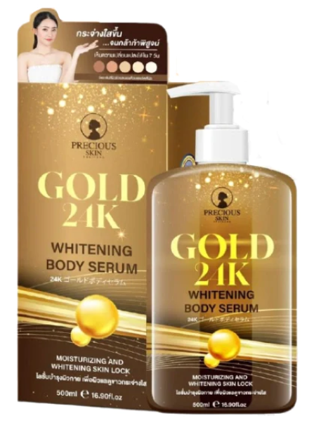 Precious Skin Thailand Gold 24K Whitening Body Serum, 500ml, moisturizing and whitening serum with gold and snail mucus.