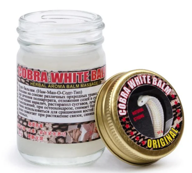Cobra Balm White Balm jar with cobra graphic and gold lid, 50 g.