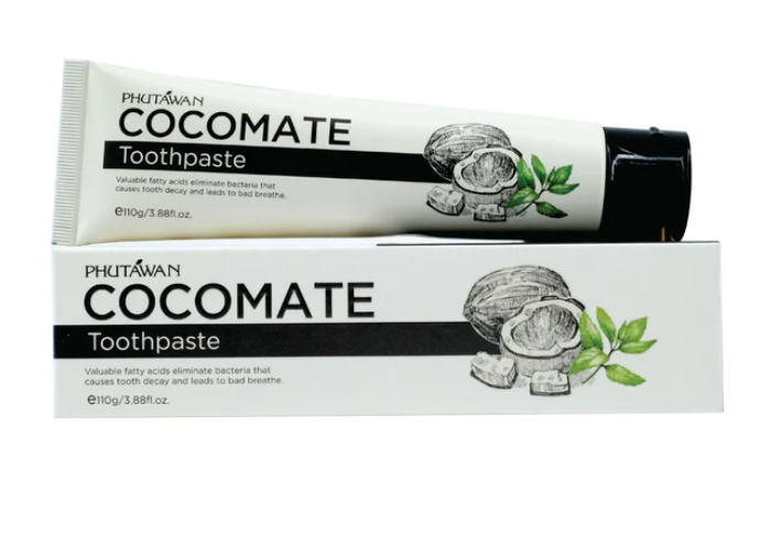 Phutawan COCOMATE Toothpaste 110g with organic coconut oil, antibacterial and whitening benefits.