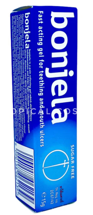 Bonjela Fast Acting Gel for teething and mouth ulcers, 15g packaging.