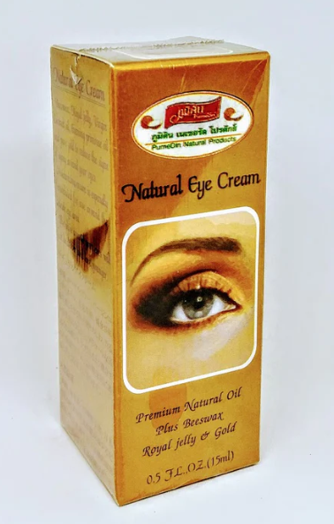 Natural eye cream box showcasing premium blend of royal jelly, evening primrose oil, and gold particles.