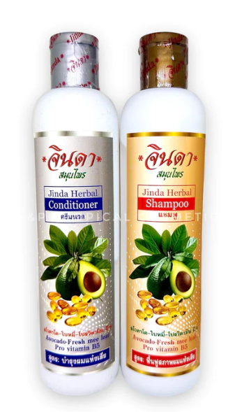 JINDA Herbal Shampoo with Avocado and Pro-Vitamin B5 250 ml bottle for hair loss and regrowth.