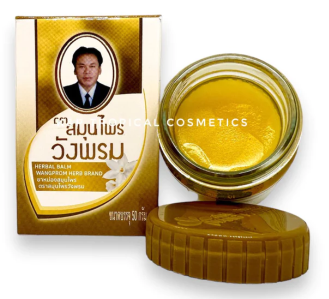WANG PROM Gold Balm 50g with herbal ingredients in glass jar and box packaging.
