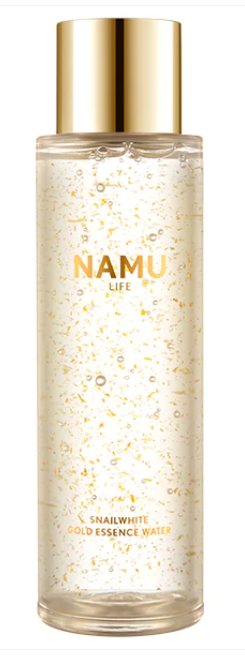 Namu Life Snail White Gold Essence Water, 150ml bottle with gold-infused skincare for hydration and youthful glow.