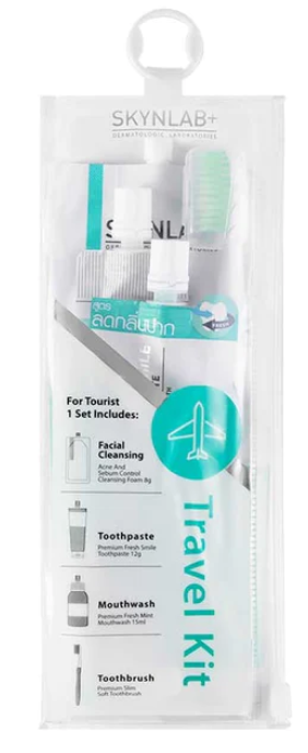 SKYNLAB+ Travel Kit 3 pcs for teeth cleaning, compact and ideal for travelers, includes toothbrush, toothpaste, mouth rinse in portable packaging.