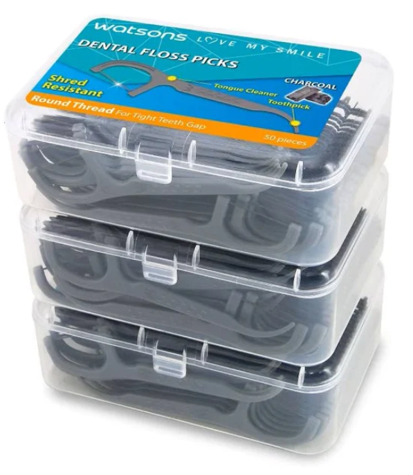 Watsons Charcoal Round Thread Dental Floss Picks 50 pcs x 3 Boxes, effective oral care.