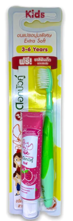 Twin Lotus Dok Bua Ku Kids Herbal Toothpaste and Toothbrush Set for ages 3-6, featuring strawberry flavor toothpaste and a soft-bristle toothbrush.