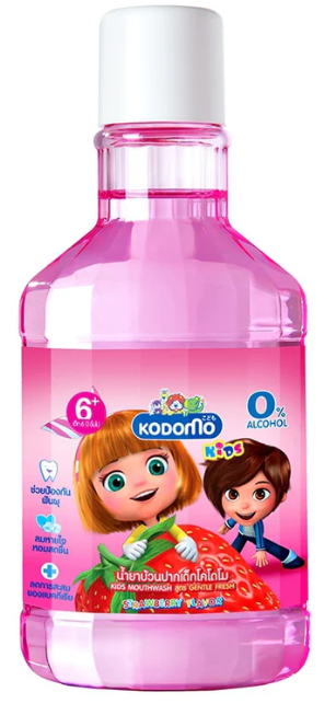 KODOMO Kids Mouthwash 250 ml, alcohol-free with fluoride and xylitol, strawberry flavor.