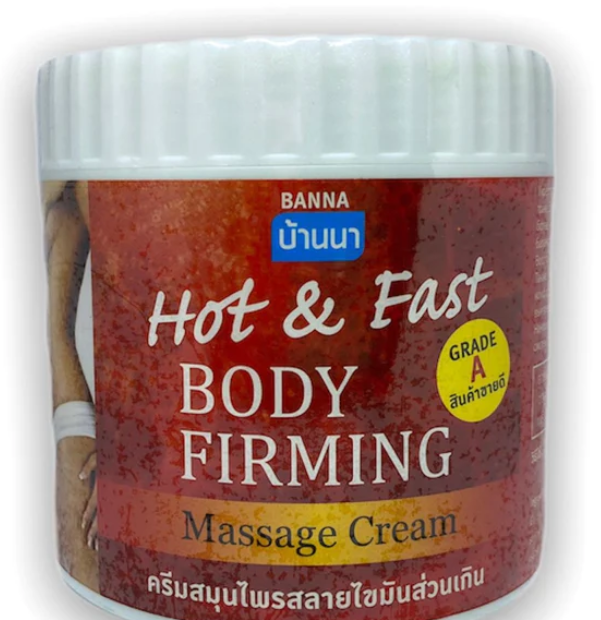 Banna Hot&Fast Body Firming Massage Cream 500 ml packaging with anti-cellulite benefits.