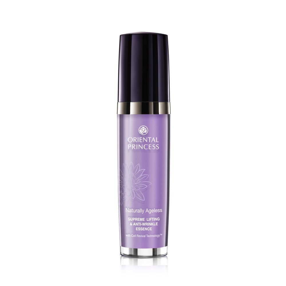 Naturally Ageless Supreme Lifting & Anti-Wrinkle Essence bottle with purple design and black cap.