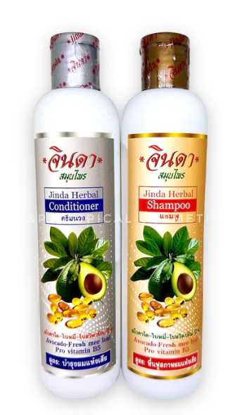 JINDA Herbal Shampoo Avocado Fresh mee leaf Pro Vitamine B5 250 ml., Shampoo with avocado oil for hair loss and hair regrowth 250 ml