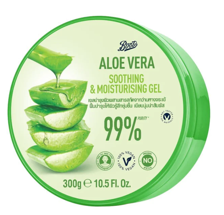 Aloe vera soothing and moisturizing gel 300g from Boots in green container.