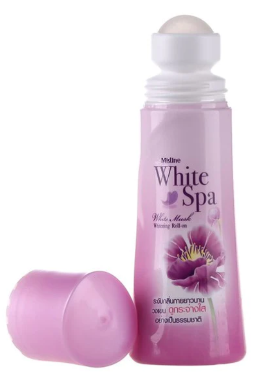 Mistine White Spa White Musk Whitening Roll-on Deodorant 100 ml., White Spa Roll-on whitening deodorant with white musk 100 ml.