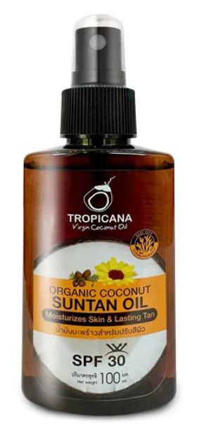 Tropicana Organic Coconut Suntan Oil SPF30 Moisturizes Skin & Lasting Tan 100 ml., Organic coconut oil with SPF 30 for tanning and moisturizing the skin 100 ml.