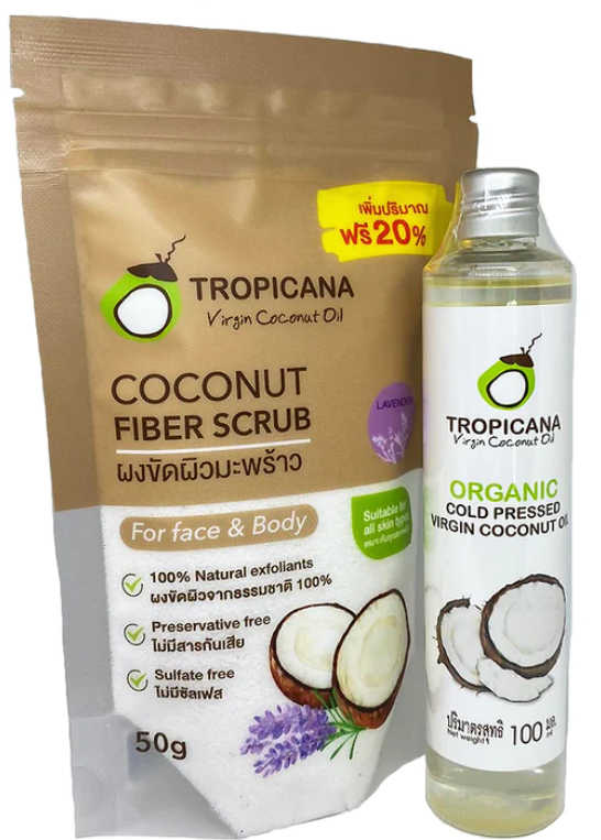 Tropicana Set Coconut Fiber Scrub 50 g.+ Coconut Oil 100 ml., Set: Coconut Fiber Scrub 50 g. + Coconut oil 100 ml.