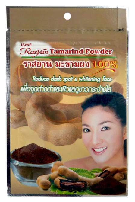 ISME Rasyan Tamarind Powder Reduce dark spot & whitening face 10 g., Tamarind scrub mask for cleansing the face of blackheads and whitening age spots and freckles 10 g.