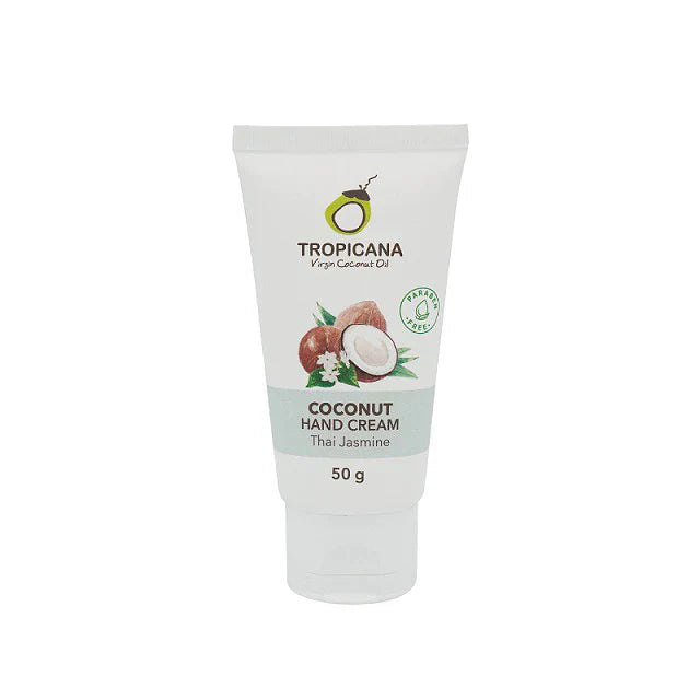 Tropicana Oil Hand Cream 50g tube with coconut and shea butter ingredients.