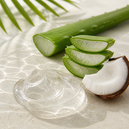 Clear cosmetic gel texture with fresh aloe vera leaf and natural coconut on a pale stone surface