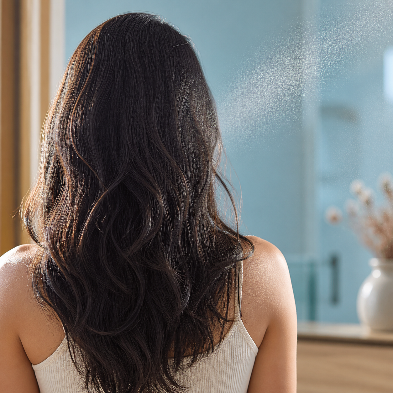 Natural dark hair lengths in soft light with a fine mist in a clean dressing area