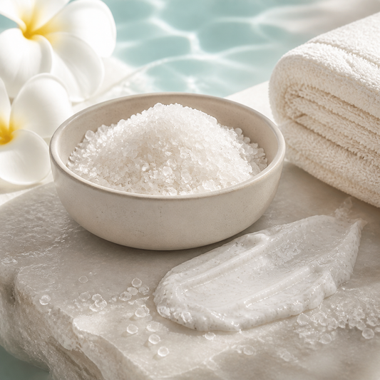 White salt scrub crystals in a ceramic bowl with creamy scrub texture and a folded towel