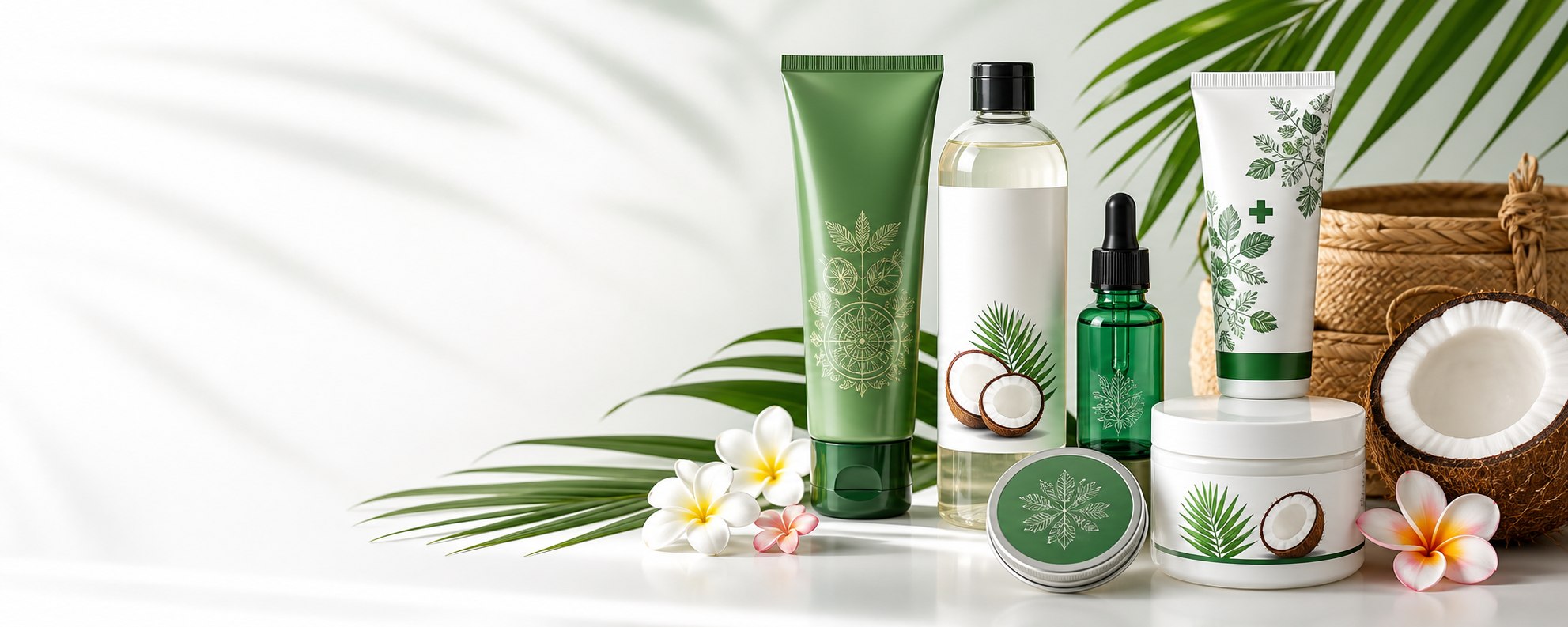 Thai beauty essentials with coconut oil, herbal balm, skincare serum, and botanical body care
